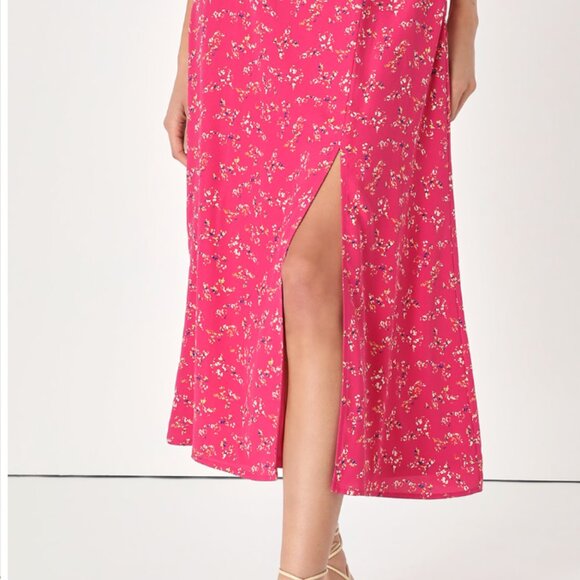 Lulus Bliss Me Hot Pink Floral Print Midi Skirt - NWOT! - Picture 2 of 12